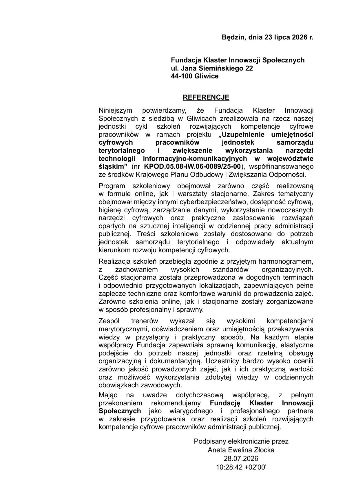 Referencja - Urząd Miejski w Będzinie