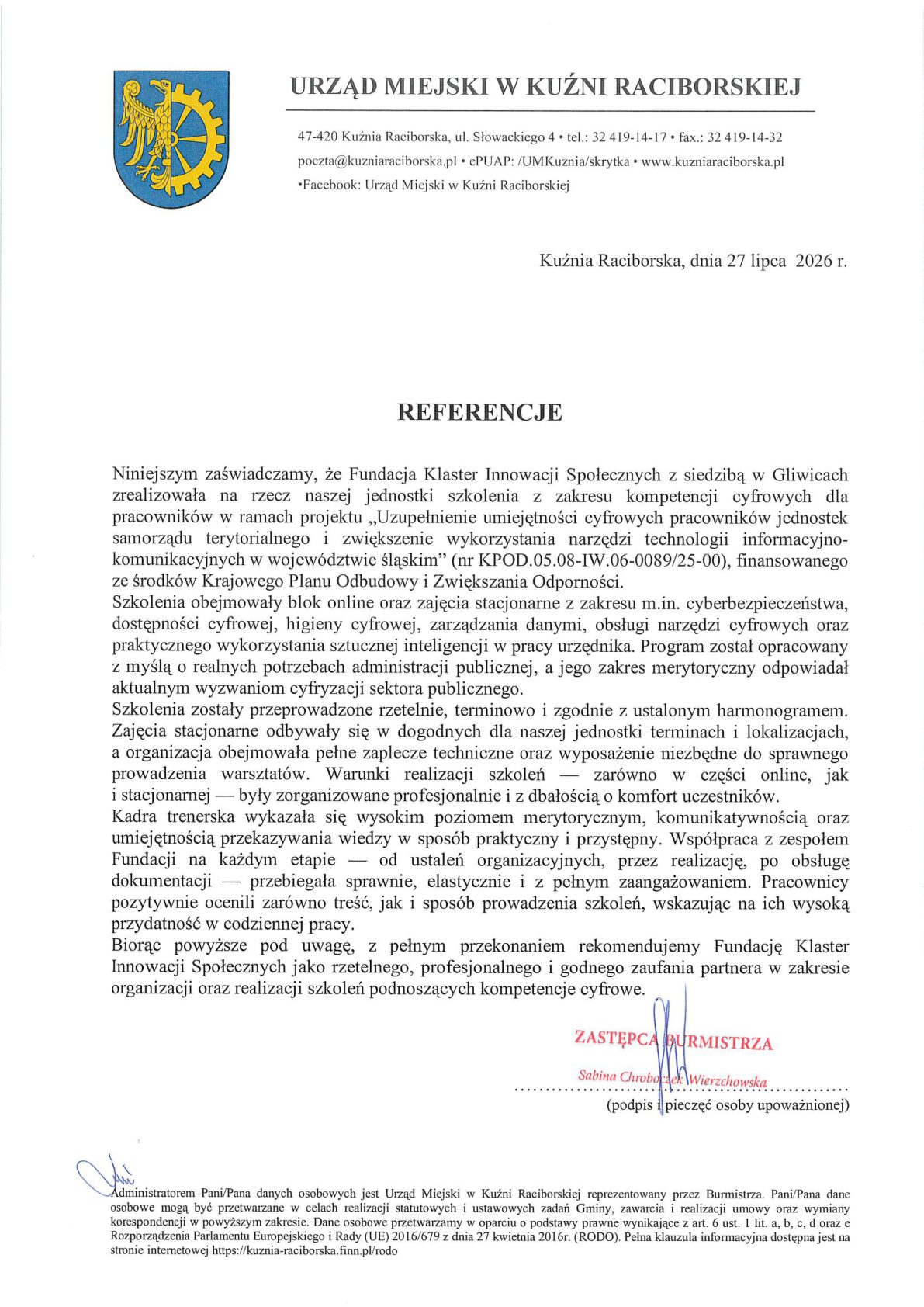 Referencja - Urząd Miejski w Kuźni Raciborskiej