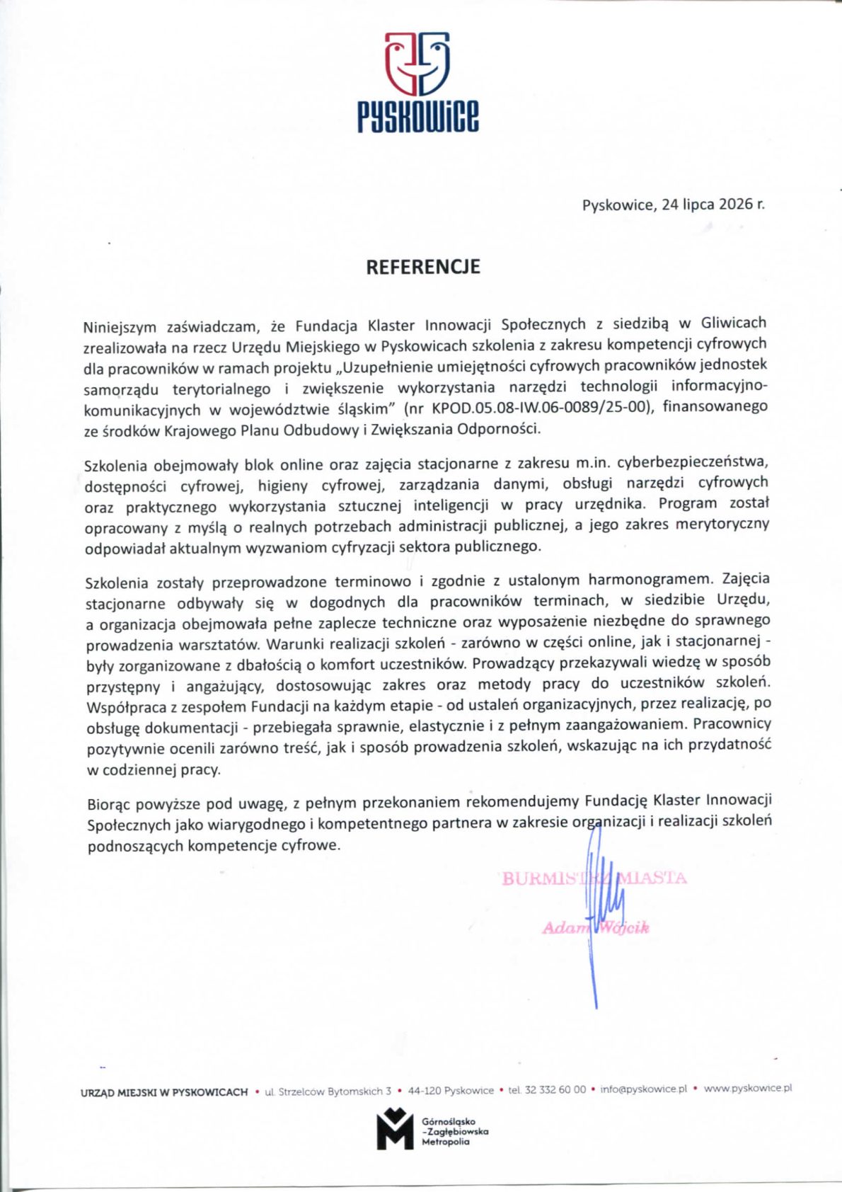 Referencja - Urząd Miejski w Pyskowicach