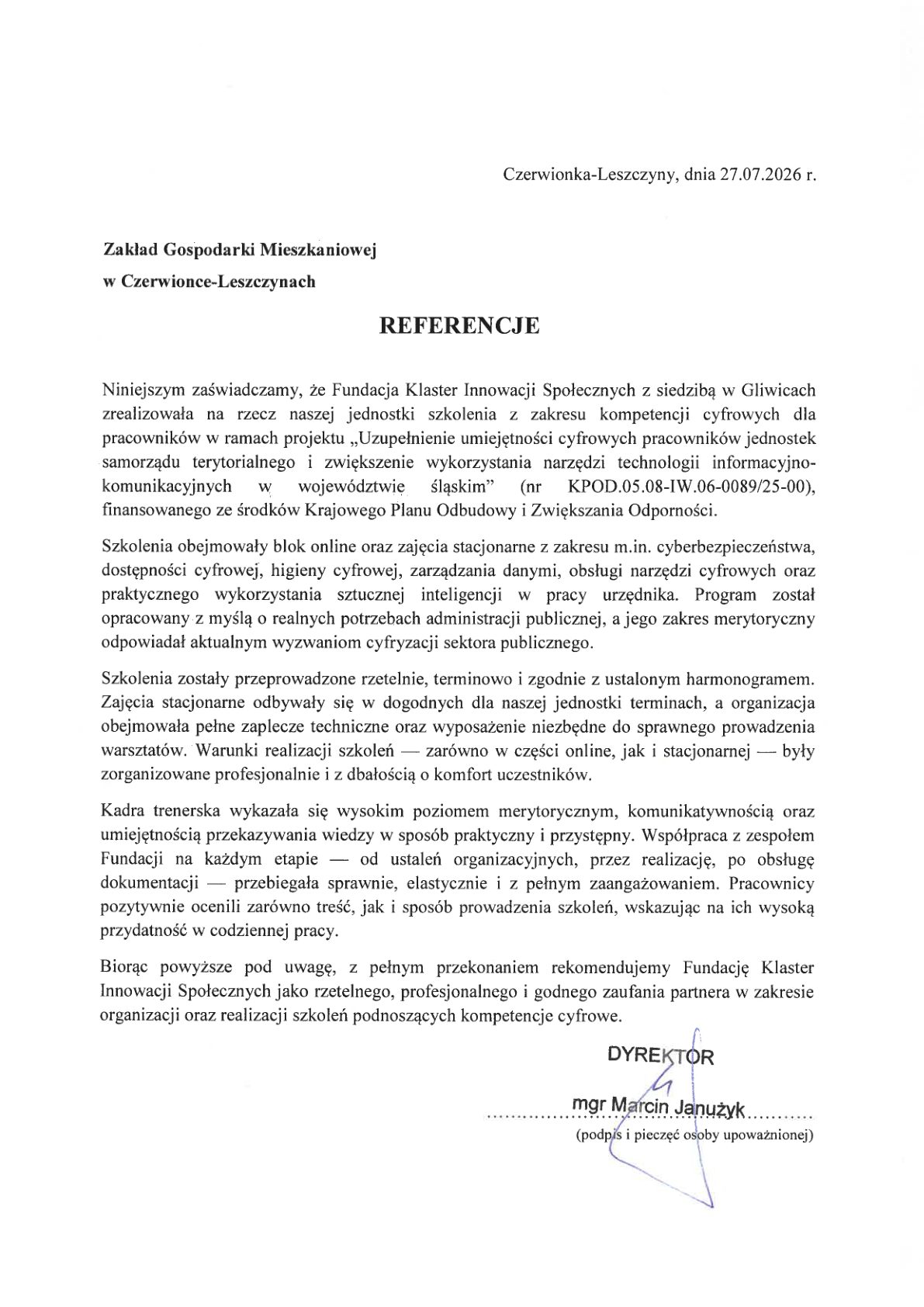Referencja - Zakład Gospodarki Mieszkaniowej w Czerwionce-Leszczynach