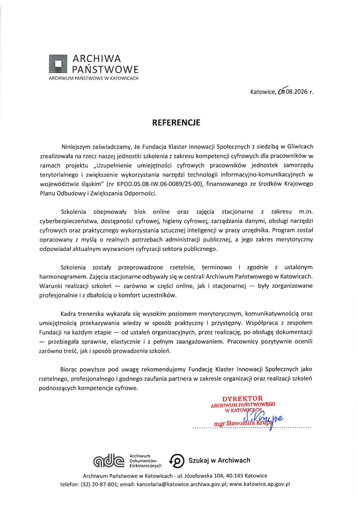 Referencja - Archiwum Państwowe w Katowicach